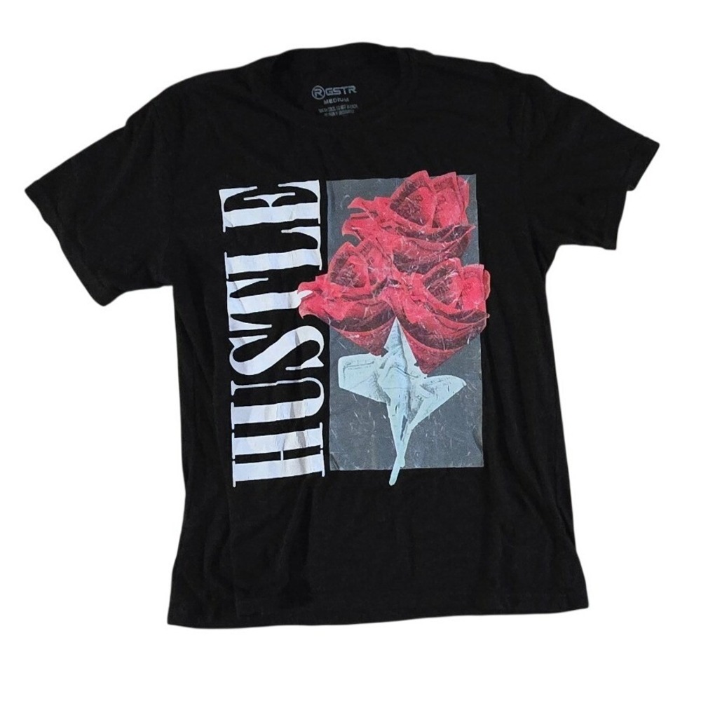 GSTR Black Graphic T Shirt Roses Hustle Print Short‎ Sleeve Tee M tee top